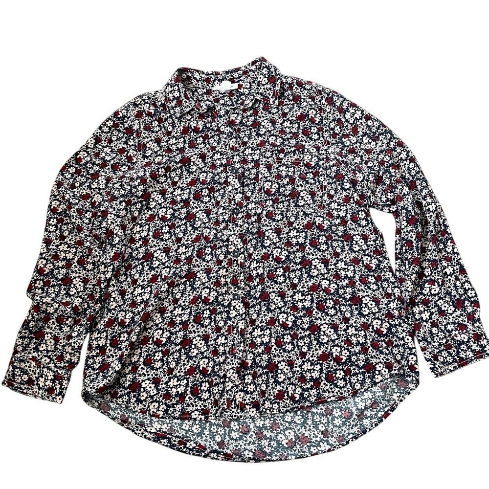Beachlunchlounge Navy Red Ditsy Floral Viscose Button‎ Down Shirt Womens Medium